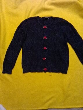 Men's Navy Crewneck Cardigan with Red Button Accents